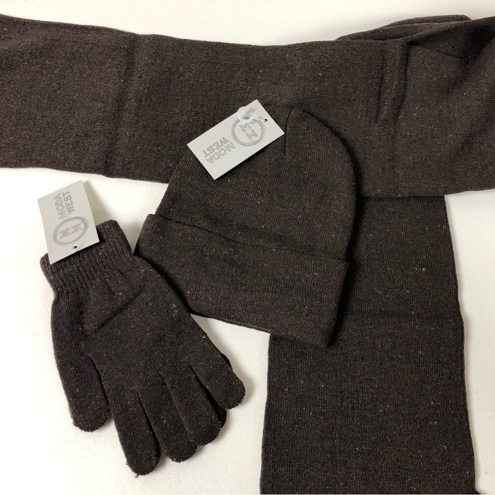 Knit Scarf Hat and Gloves Set Moda West Flexible Stretch NWT Brown